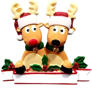 Christmas reindeer family ornament with customizable banner and festive red hats