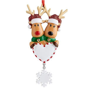Christmas reindeer hanging ornament with red glitter hats and white heart plaque