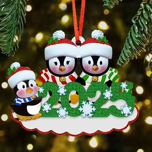 Family of three penguins Christmas tree ornament with 2025 glitter text and hanging cord