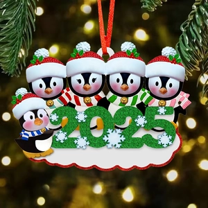 Personalized 2025 family of five penguins Christmas ornament with hanging ribbon