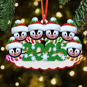 Family of six penguins 2025 Christmas resin ornament with glitter details for tree decor