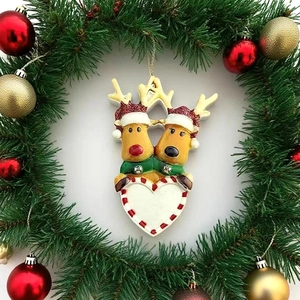 Christmas reindeer family heart ornament with red glitter hats for DIY holiday tree decor