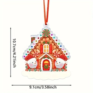 Christmas gingerbread house ornament with snowmen and dimensions 10.7cm x 9.1cm