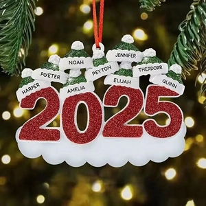 Custom 2025 family of 9 snowman ornament with names on a festive Christmas tree