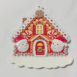 Customizable resin gingerbread house ornament with snowmen and colorful candy for Christmas tree