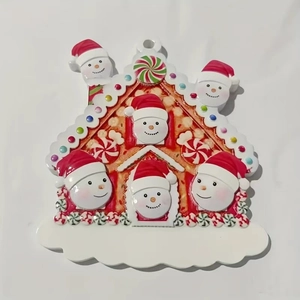 Christmas gingerbread house ornament with six snowmen family and personalized resin plate