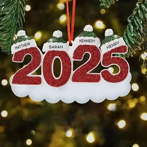 Custom 2025 family Christmas ornament with red glitter numbers and green hats on a tree