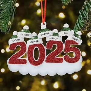 Detailed close-up of 2025 personalized family snowman ornament on festive background
