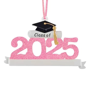 Pink glitter 2025 graduation ornament with black mortarboard hat and hanging ribbon