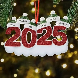 Detail of custom 2025 family snowman Christmas ornament with names and red glitter