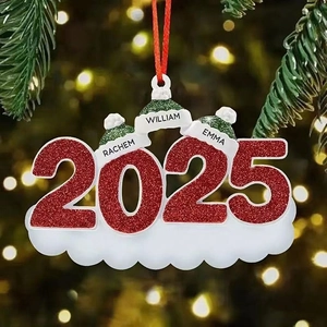 Close-up of personalized 2025 Christmas snowman resin ornament with three custom names