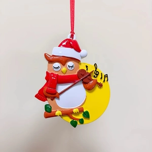 Resin owl playing violin Christmas ornament with red hat and yellow moon decoration