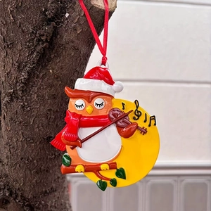 Christmas Resin Owl Playing Violin Ornament Red Hat Scarf Musical Notes Holiday Xmas Tree Hanging Decoration Pendant