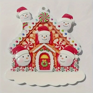 Detailed view of gingerbread house Christmas ornament with five snowmen for DIY naming