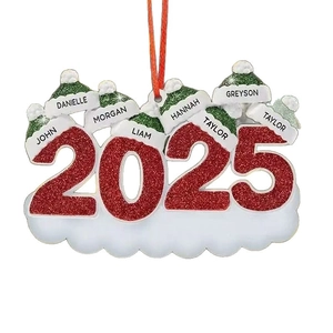 Personalized 2025 family snowman Christmas ornament with red glitter and name hats