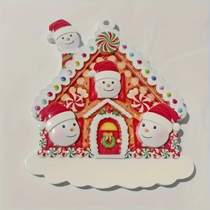 Detailed view of gingerbread house ornament with four snowmen and customizable white base