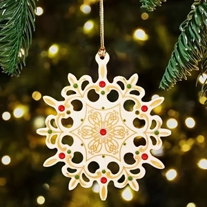 Exquisite ivory snowflake Christmas ornament with gold detailing and red green gems