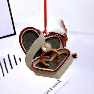 Christmas heart ornament with ring design, red glitter frame and silk ribbon hanging decor