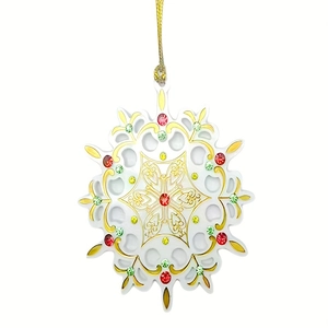 Acrylic snowflake Christmas tree ornament with gold trim and colorful sparkling rhinestones
