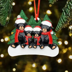 Family of four black bears with Santa hats on glittery Christmas tree resin ornament