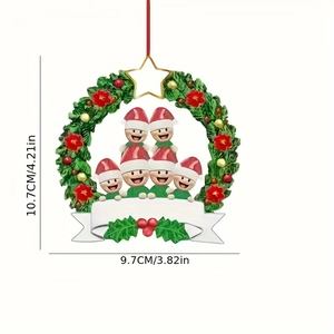Detail view of 6-person family resin snowman wreath ornament with size dimensions