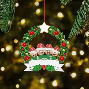 Personalized snowman family resin Christmas wreath ornament with festive bokeh background