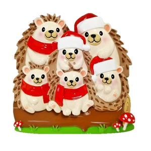 Christmas hedgehog family resin ornament with red hats on wood base for tree decoration