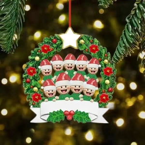 Detailed view of resin Christmas wreath ornament with 9 customizable snowman figures