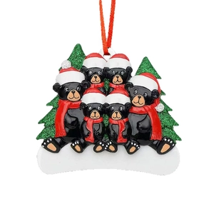 Christmas black bear family of five resin hanging ornament with glitter trees