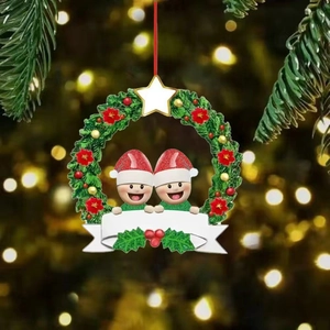 Round Christmas wreath ornament with snowmen family and customizable banner for tree decor