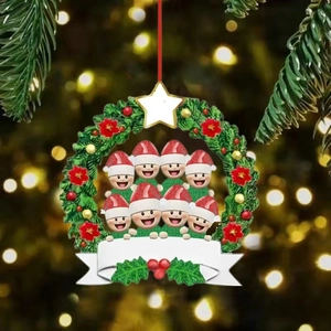 Detail of Christmas wreath ornament with 8 snowmen characters and DIY banner for names
