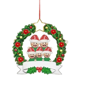 Custom snowman family Christmas wreath ornament with five figures and red berries
