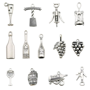 Breloques de Vin en Argent Antique Vintage Alliage de Zinc Bouteille de Vin Rouge Raisin Verre Ouvre-Bouteille Pendentifs DIY