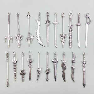 Detailed collection of 20 miniature alloy fantasy swords and weapon pendants for DIY crafts