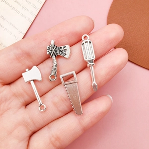 Vintage silver alloy tool pendants set including axes and screwdriver for DIY jewelry