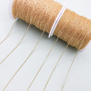 Macro detail of 18K gold plated jewelry DIY chain on a white plastic spool for crafting