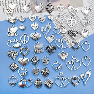 Alloy Heart Pendants For DIY Jewelry Making Antique Silver Tone Love Letter Wings Peace Charms For Necklace Bracelet Craft Accessory