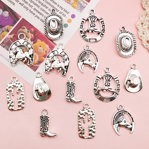 Western style silver charms set featuring cowboy hats horse boots and cacti for DIY jewelry