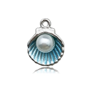 Detailed view of alloy shell pendant with blue enamel and a white center pearl