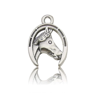 Macro shot of antique silver horse head and horseshoe pendant with textured metal details