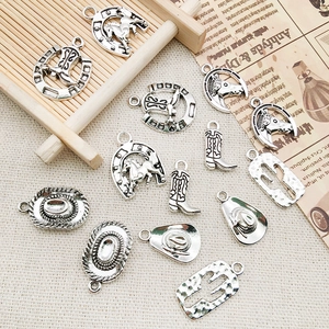 Antique silver Western cowboy alloy charms set with horseshoe, boot and cactus for DIY jewelry
