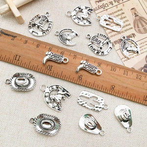 Antique silver Western cowboy alloy pendants set featuring horseshoe, hat and boots
