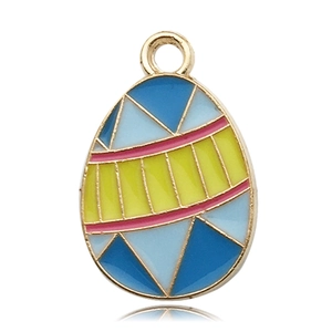 Detail showing an Easter egg-shaped enamel pendant with geometric patterns and golden metal loop