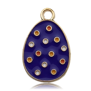 Detail of egg-shaped blue enamel pendant with colorful dots and golden metal ring