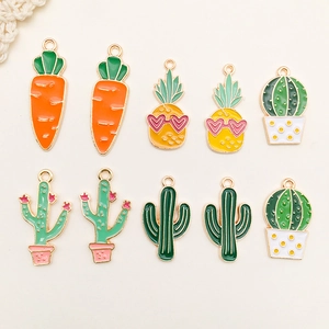 Cute Cartoon Cactus Pineapple Carrot Alloy Enamel Pendants For DIY Jewelry Making Plant Fruit Charms Earring Accessories