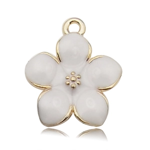 Detailed close-up of a white five-petal flower pendant with golden edges and a top loop