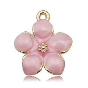 Close-up of pink enamel five-petal flower pendant with gold plating for DIY jewelry making