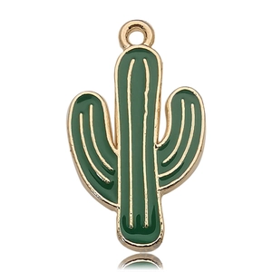 Detail of a dark green enamel cactus charm with a polished gold alloy border for DIY jewelry