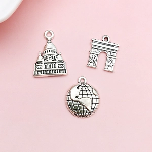Vintage zilveren bedeltjes met Eiffeltoren, Arc de Triomphe en wereldbol voor DIY-sieraden