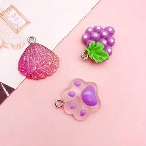 Purple resin charms set including grape, shell and cat paw shapes with metal loops